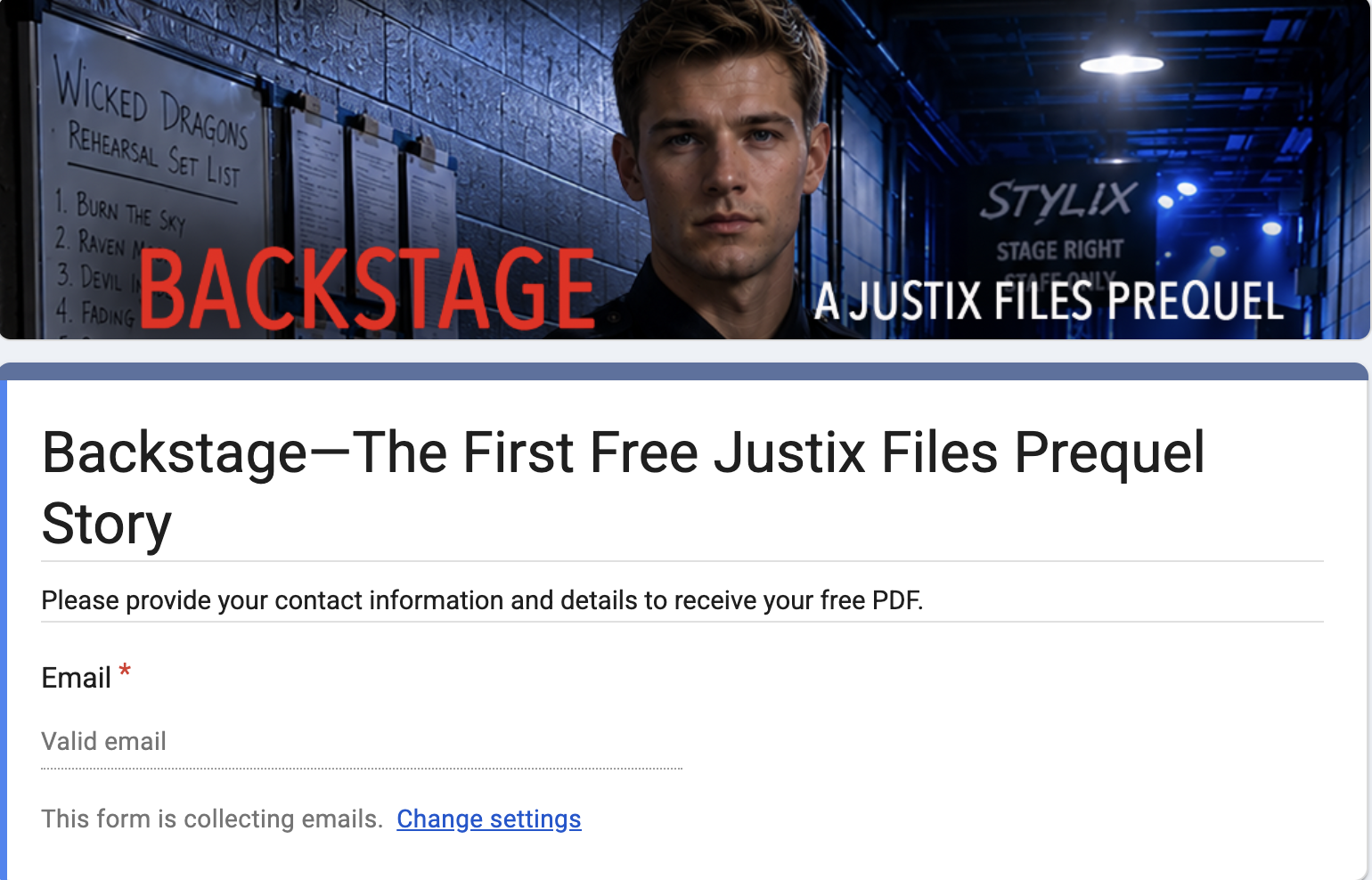 Sin-up form for Backstage, a free Justix File Story