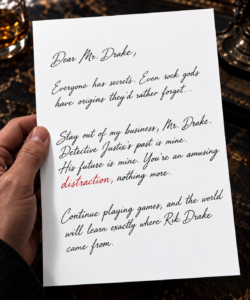 Blackmail note sent to Rik Drake in the book Loose ends.